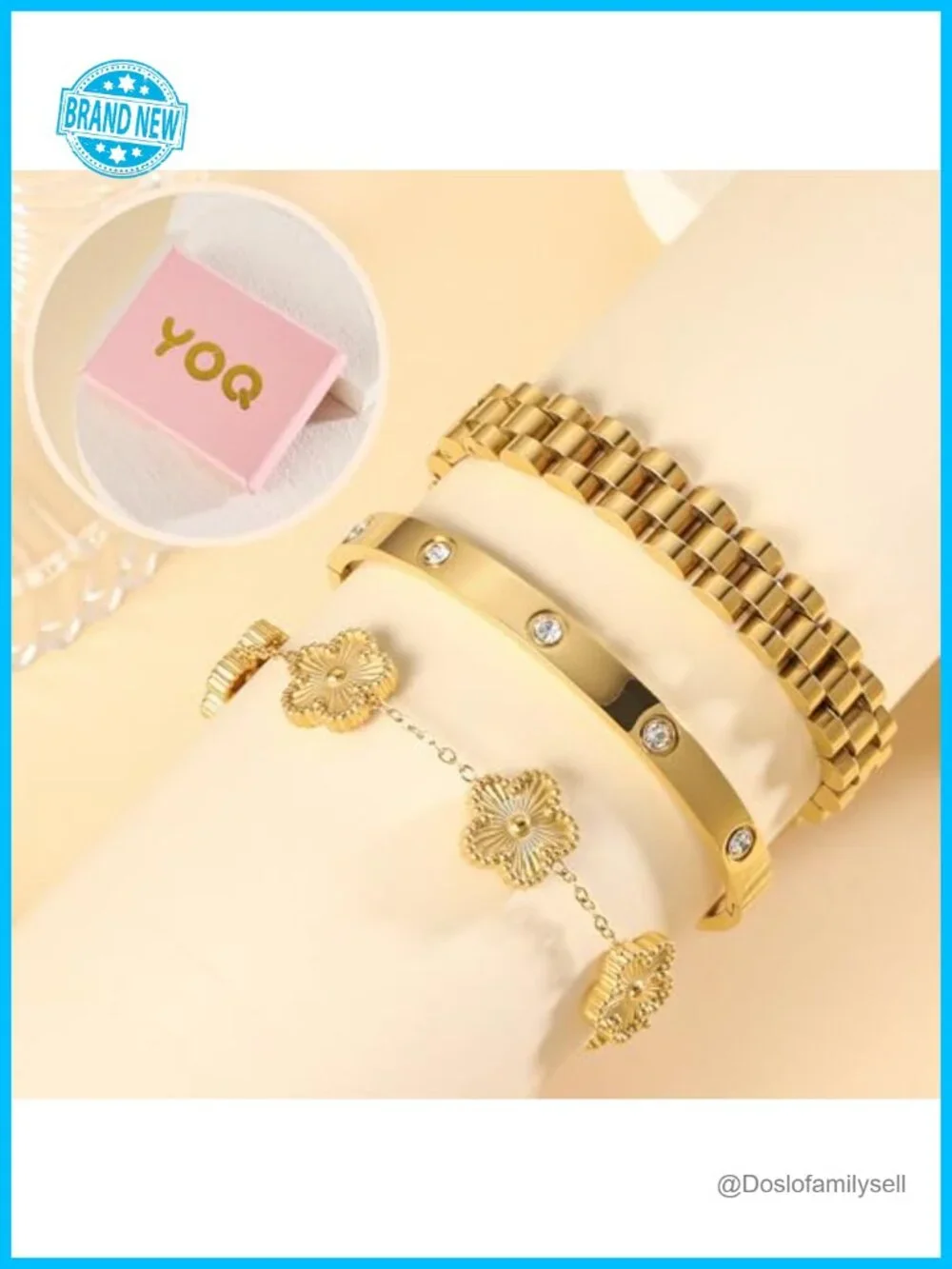 Stackable Four Leaf Clover Love Bangle Bracelets Set, 18K Gold Plated, 3 Pcs